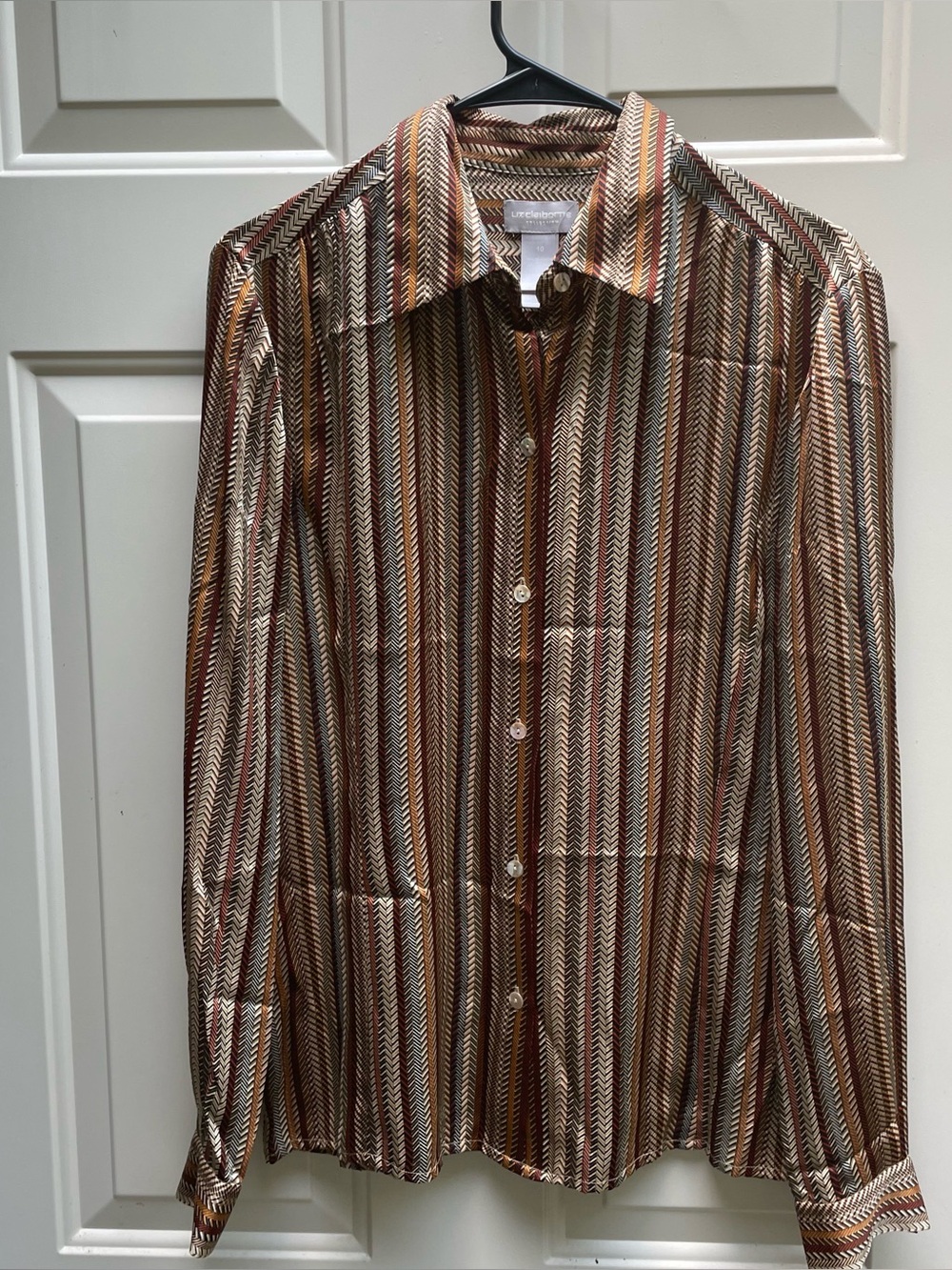 Liz Claiborne Collection tan stripe silk button up blouse Women 10 EUC
